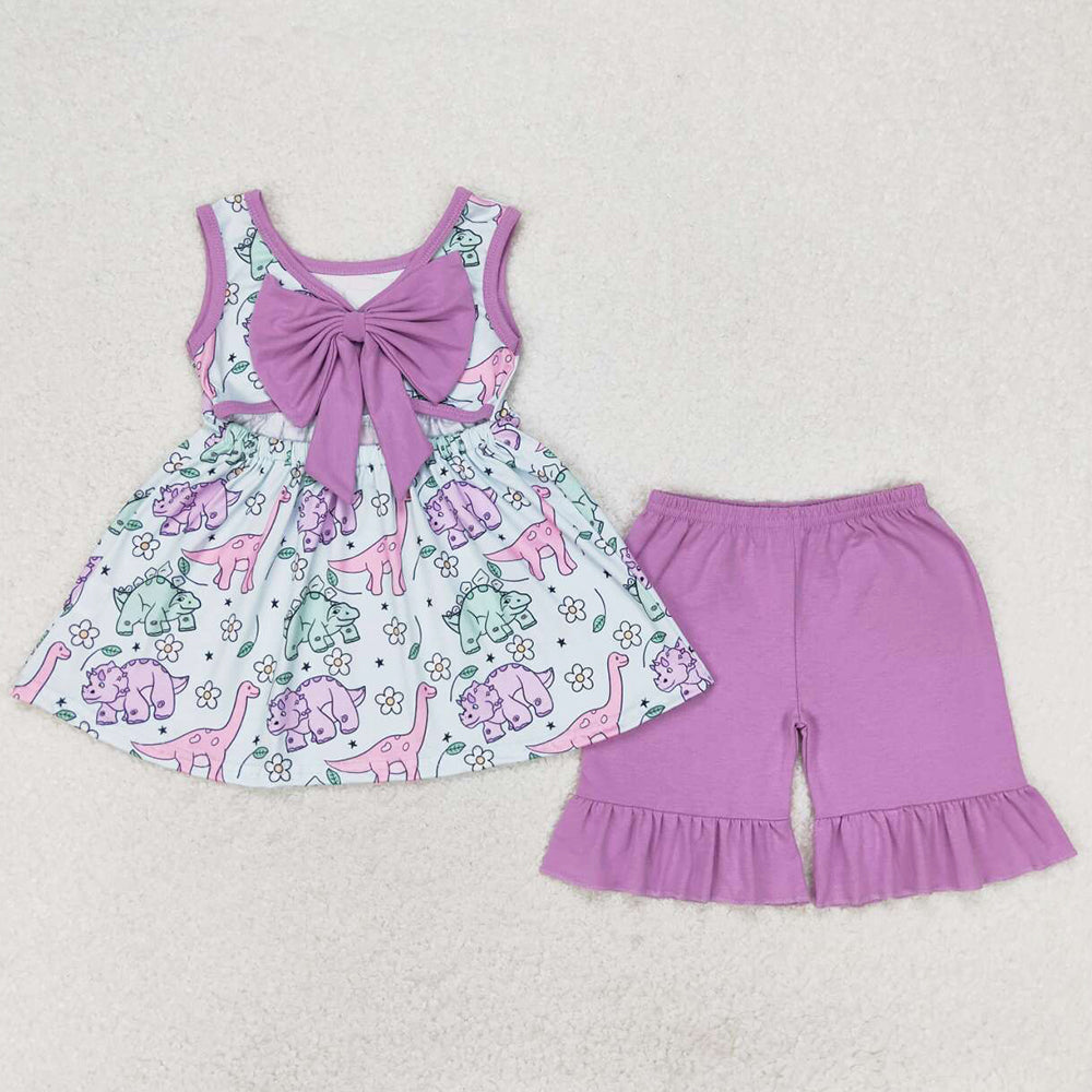 Baby Girls Clothes Purple Dinosaur Bow Tunic Ruffle Shorts Sets GSSO0533