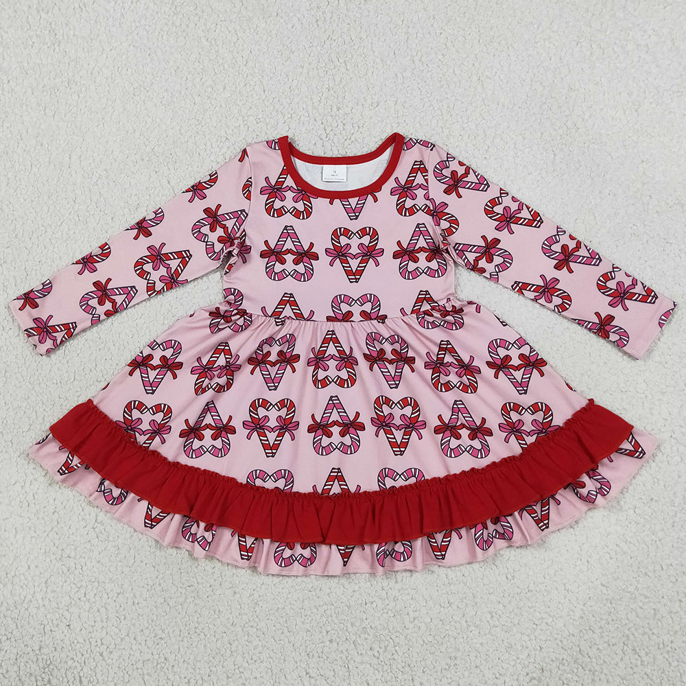 Baby Girls Dress Bows Candy Cane Christmas Ruffle Knee Length Dress GLD1695