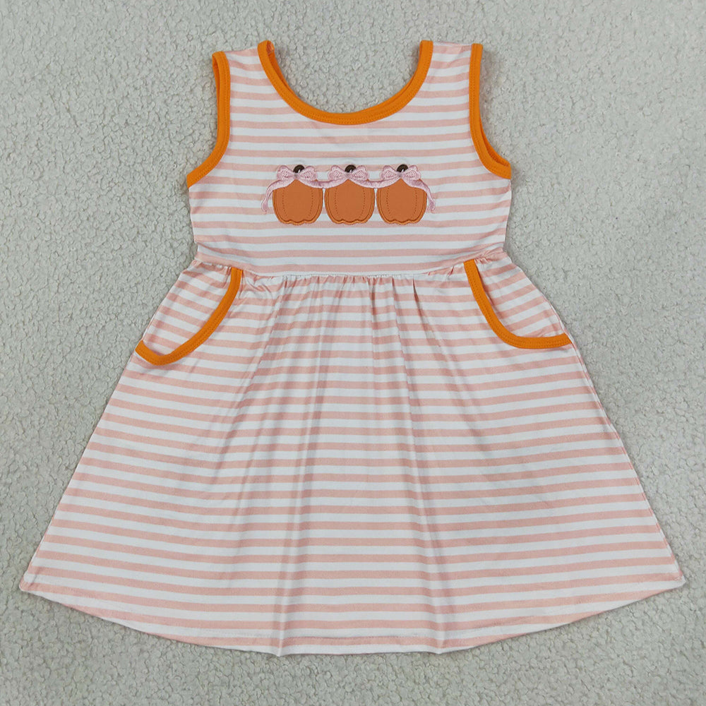 Baby Girls Dress Embroidery Bow Pumpkins Pink Stripe Pockets Fall Knee Length Dress GSD4265