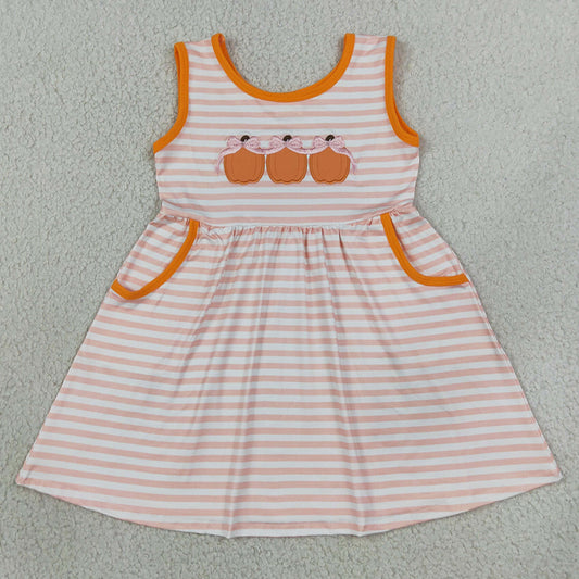 Baby Girls Dress Embroidery Bow Pumpkins Pink Stripe Pockets Fall Knee Length Dress GSD4265