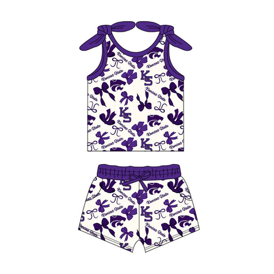 Preorder MOQ 5 pcs sleeveless K S purple bow top shorts girls team clothes 8.23