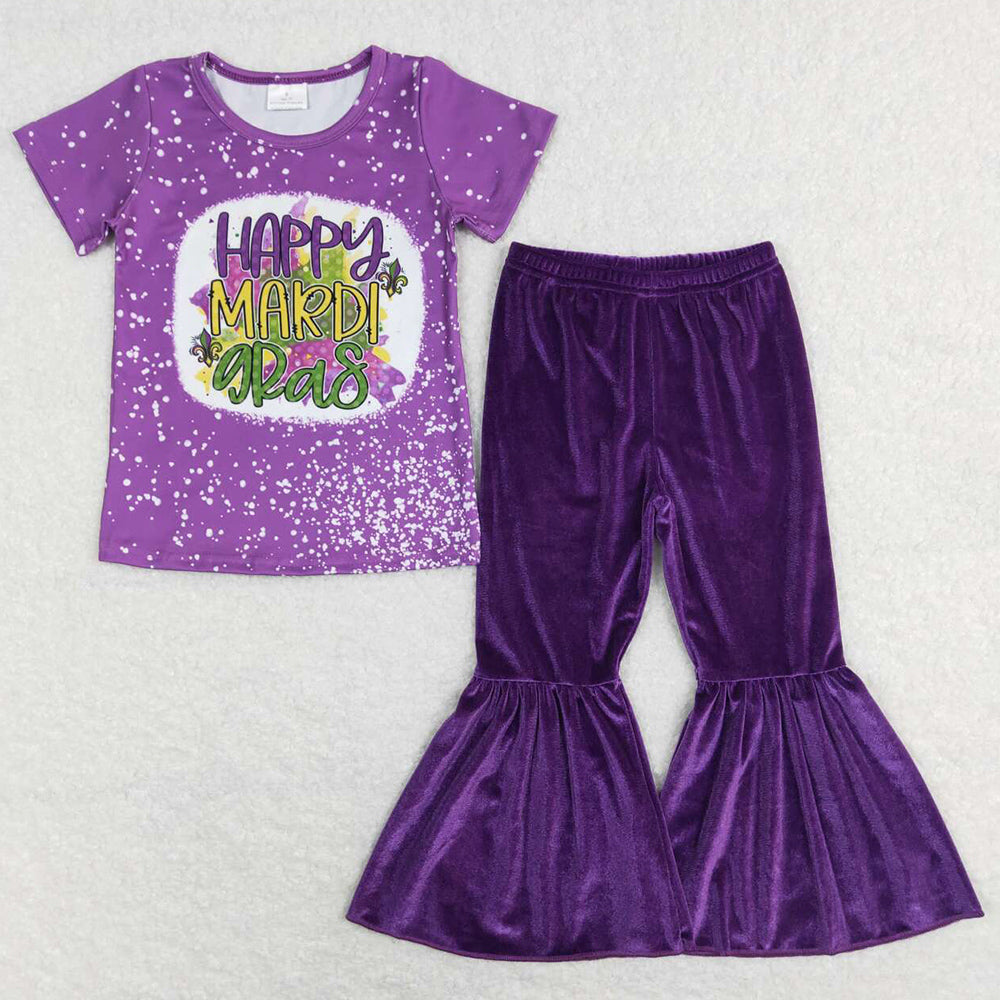 Baby Girls Clothes Happy Mardi Gras Shirt Velvet Bell Pants Sets GSPO1280