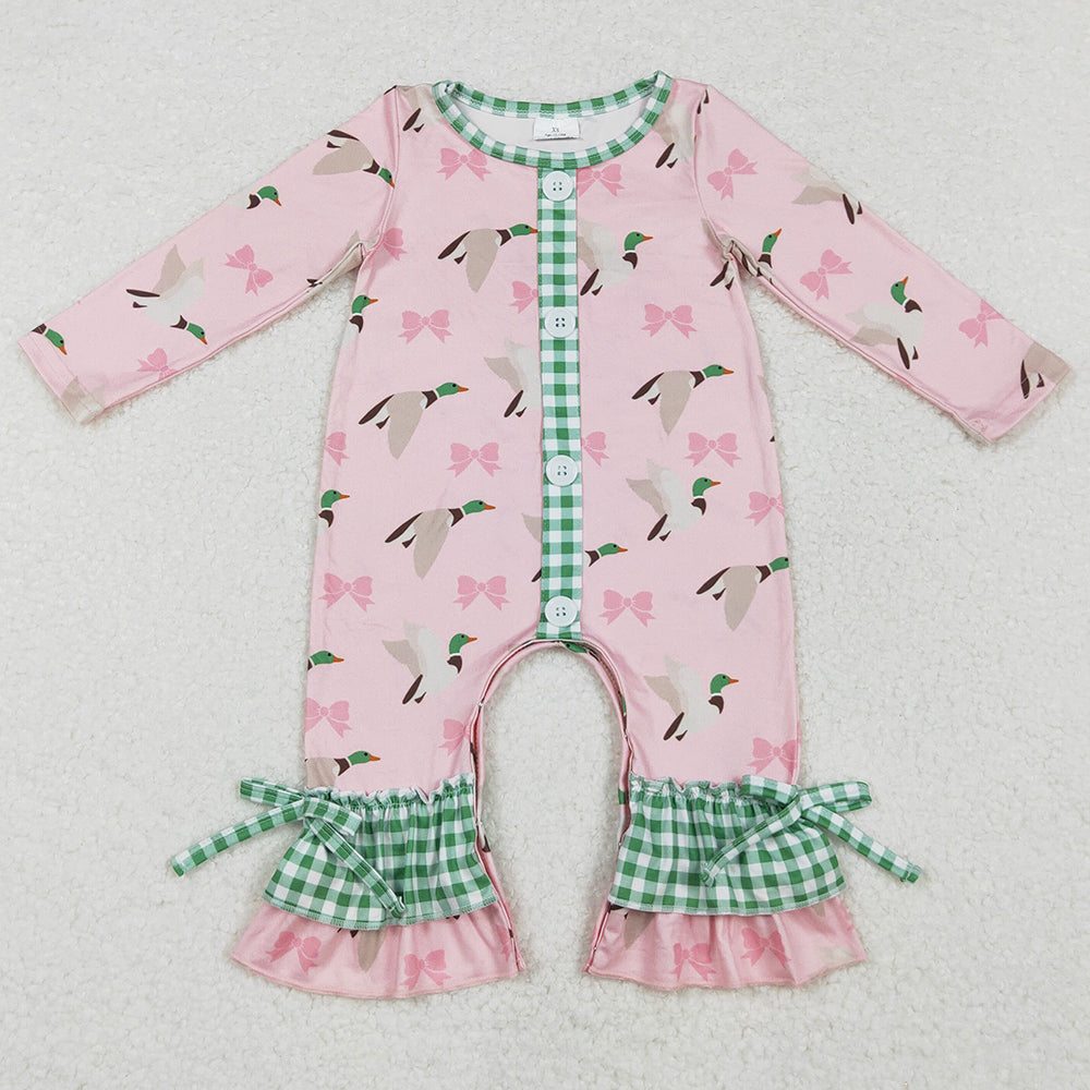 Baby Infant Girls Rompers Pink Mallard Ducks Buttons Bows Rompers LR1689