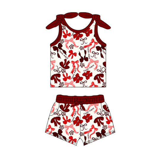 Preorder MOQ 5 pcs sleeveless A T M bow top shorts girls team clothes 8.26