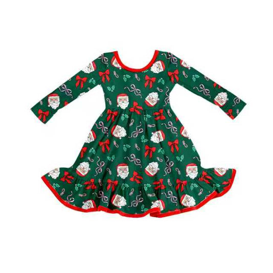 Preorder (moq 8)Baby Girls Santa Bows Candy Cane Christmas Ruffle Knee Length Dresses 9.24