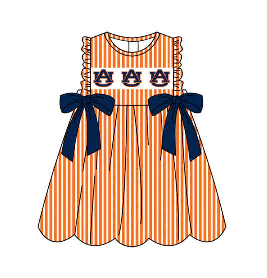 Preorder (moq 5)Baby Girls Sleeveless Orange Stripe AU Bows Team Knee Length Dresses 11.25