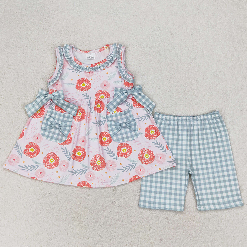 Baby Girls Clothes Flowers Tunic Green Checkered Shorts Sets GSSO0999