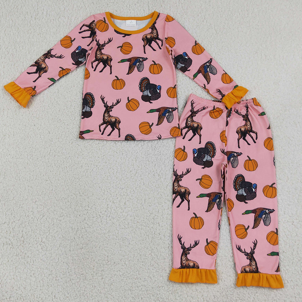 Baby Girls Pajamas Pumpkins Deer Tops Ruffle Pants Thanksgivings Pajamas Sets GLP3655