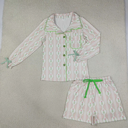 Adult Women Clothes Bows Trees Button Pocket Top Shorts Christmas Pajamas Sets GLS0115