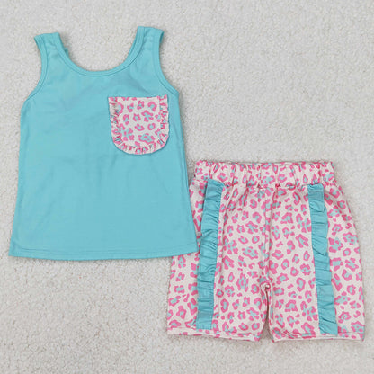 Baby Girls Clothes Green Pocket Bow Vest Ruffle Shorts Sets GSSO1784