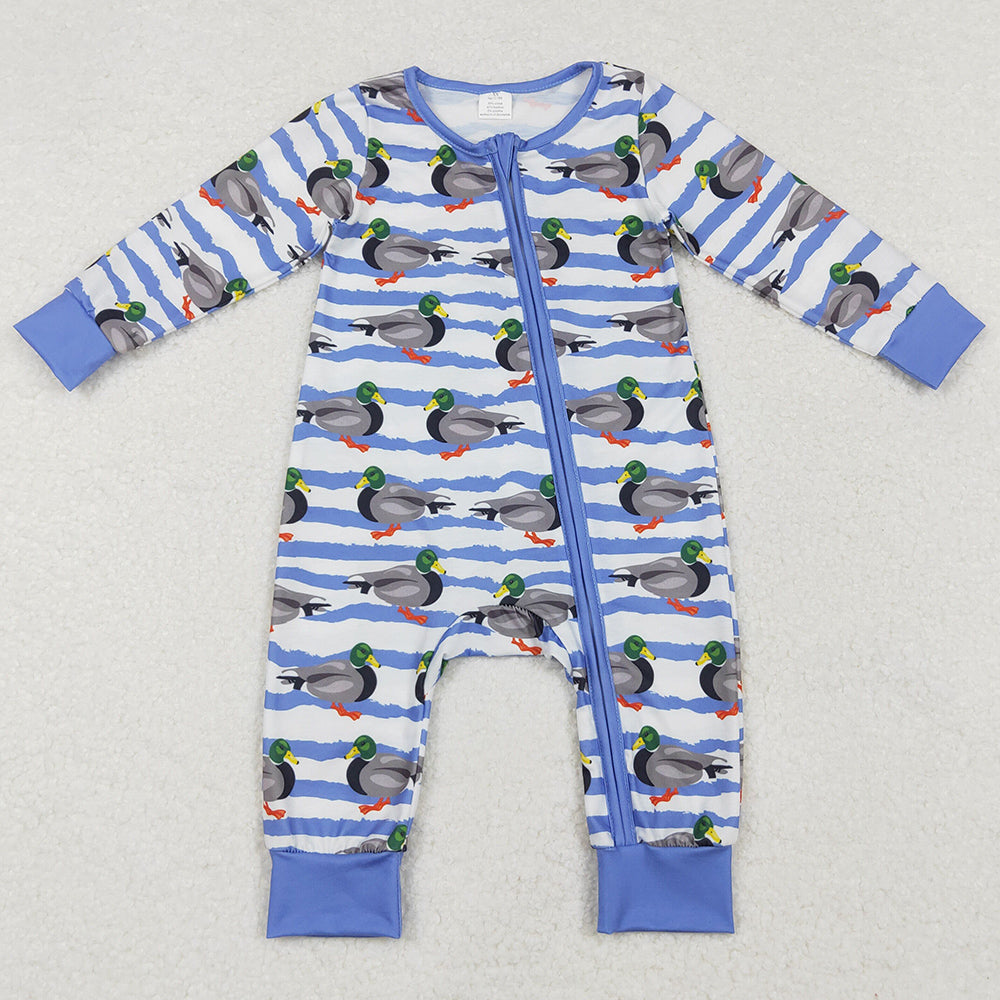 Baby Infant Boys Rompers Fall Stripes Ducks Bamboo Zip Rompers preorder LR1645