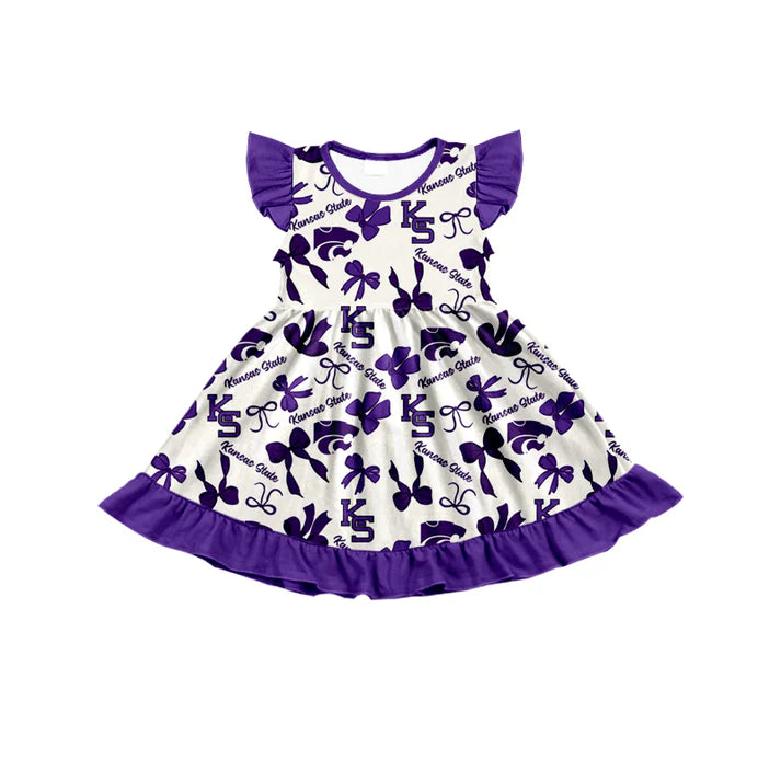 Preorder (moq 5) flutter sleeves K S purple bows girls team dress 8.22