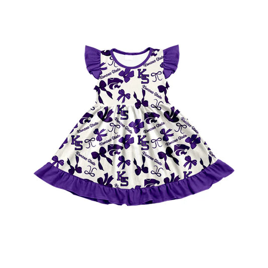 Preorder (moq 5) flutter sleeves K S purple bows girls team dress 8.22
