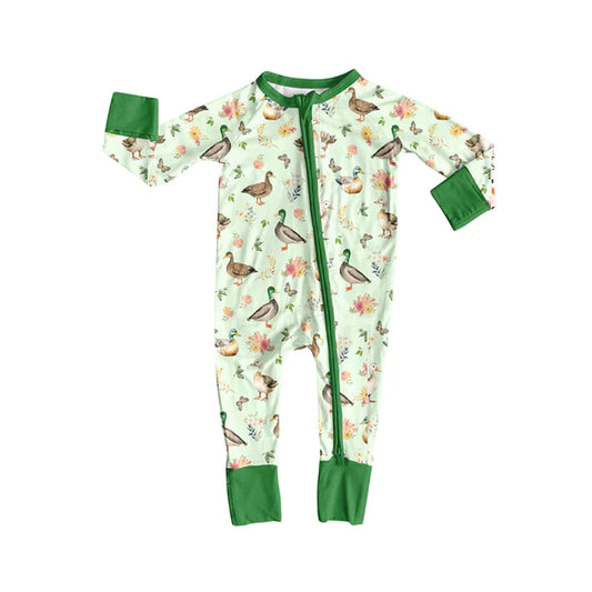 Preorder(moq 5)Baby Infant Mallard Ducks Green Zipper Footie Rompers 8.8