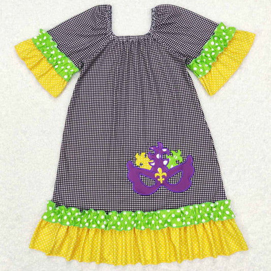 Baby Girls Clothes Mardi Gras Black Checkered Ruffle Knee Length Dresses GSD0499