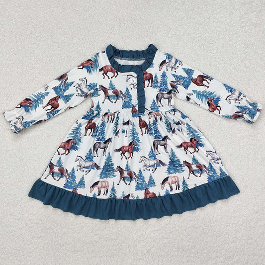 Baby Girls Dress Christmas Western Horse Ruffle Knee Length Dresses GLD0675