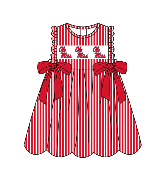 Preorder (moq 5)Baby Girls Sleeveless Red Stripe Ole Miss Bows Team Knee Length Dresses 11.25