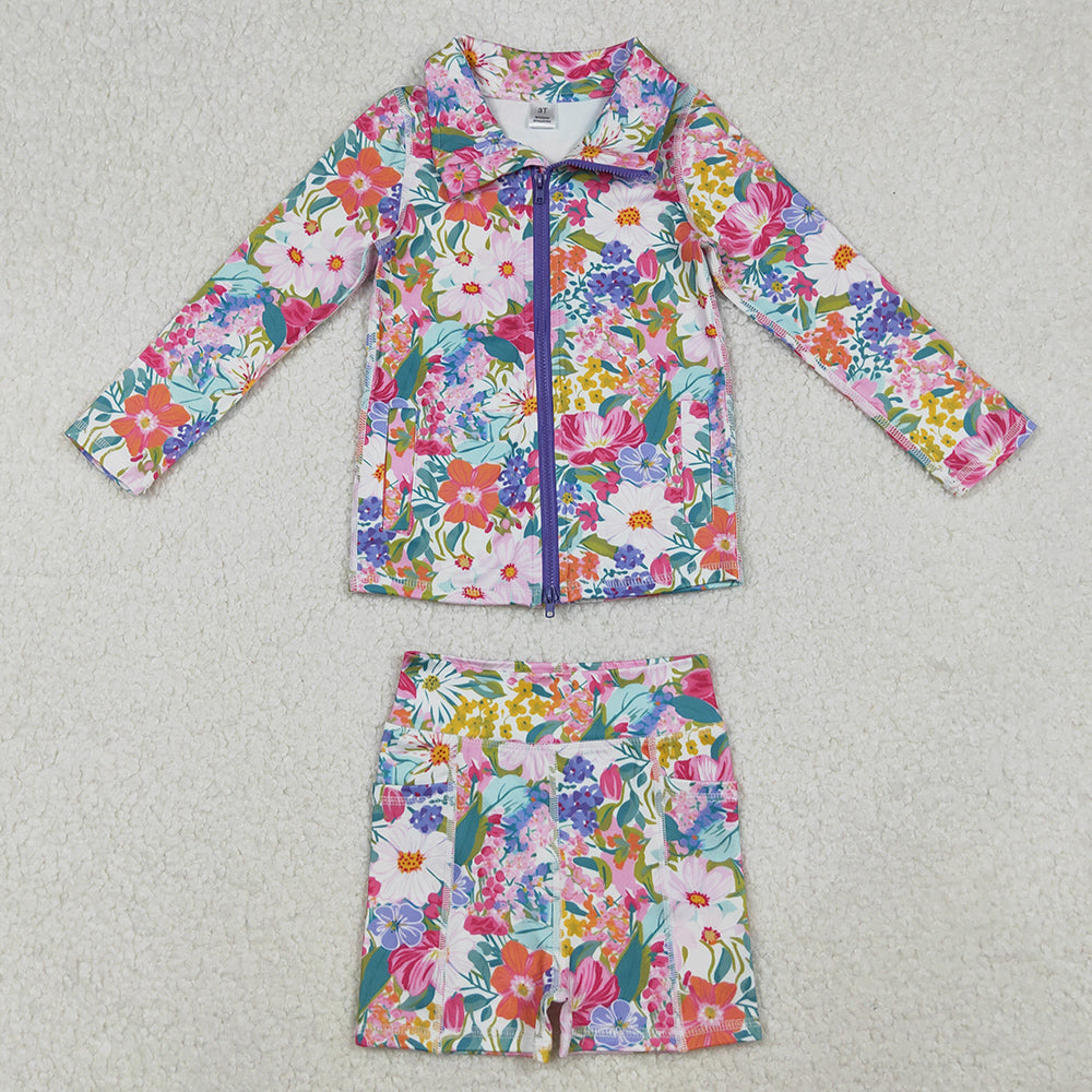 Baby Girls Clothes Pink Lavender Floral Zipper Pockets Jacket Shorts Yoga Active Clothes Set GLS0012 9.13