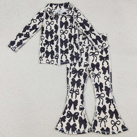 Baby Girls Clothes Black Bows Pockets Zipper Top Bell Bottom Pant Yoga Sets GLP2457 9.20