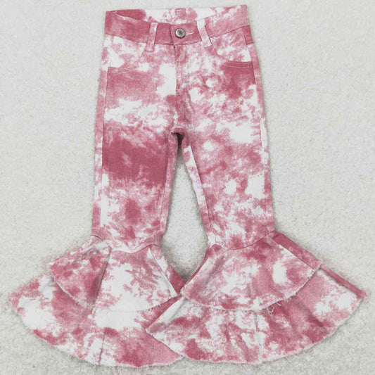 Baby Girls Clothes Pink Tie Dye Double Ruffle Bell Flare Denim Pants P0399