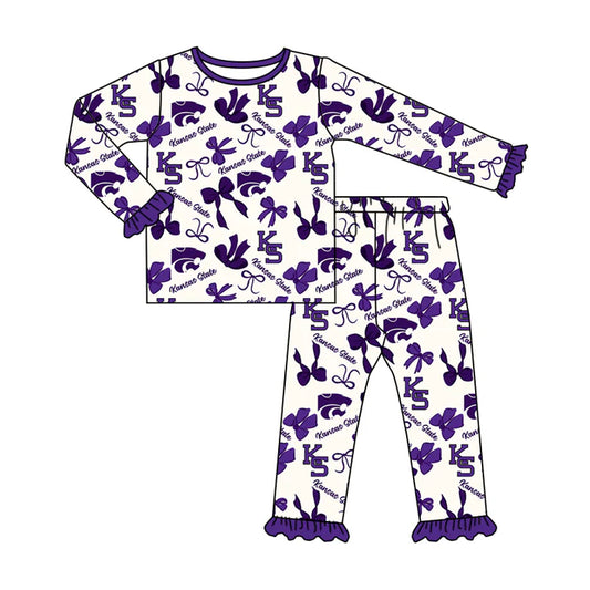 Preorder MOQ 5 Long sleeves K S purple bow kids girls team pajamas 8.25