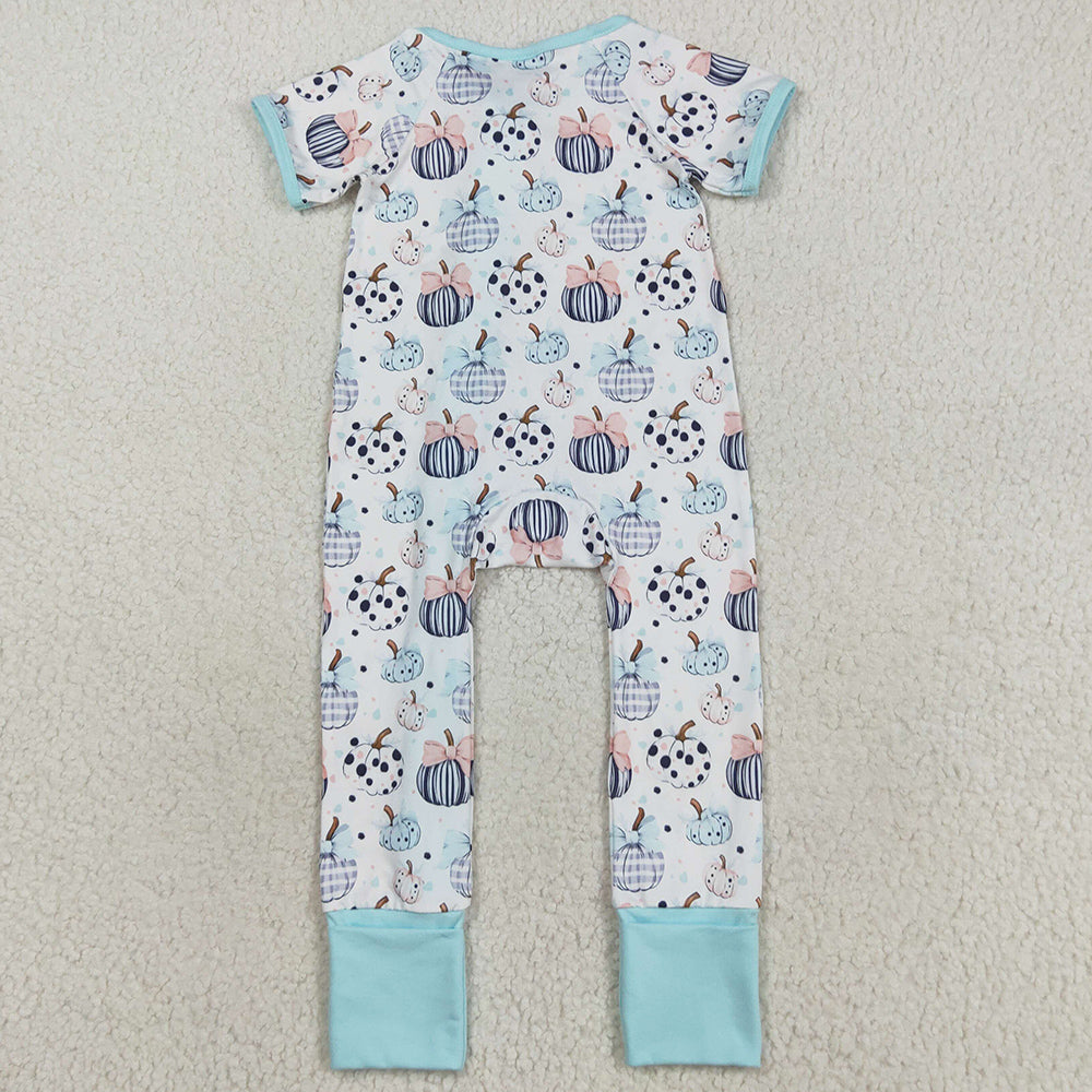 Baby Infant Girls Rompers Blue Short Sleeves Bows Pumpkins Zipper Rompers SR3109 8.13