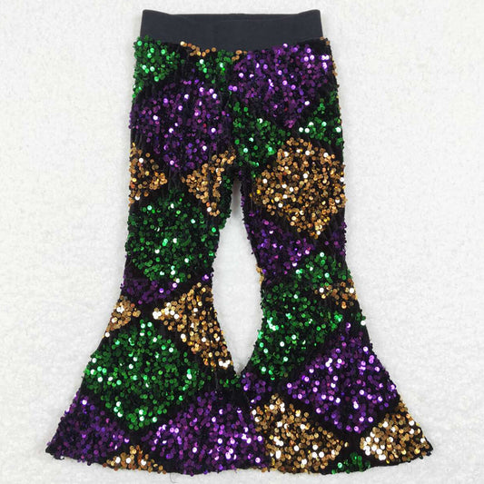 Baby Girls Pants Mardi Gras Purple Square Sequin Sparkle Bell Bottom Pants P0359