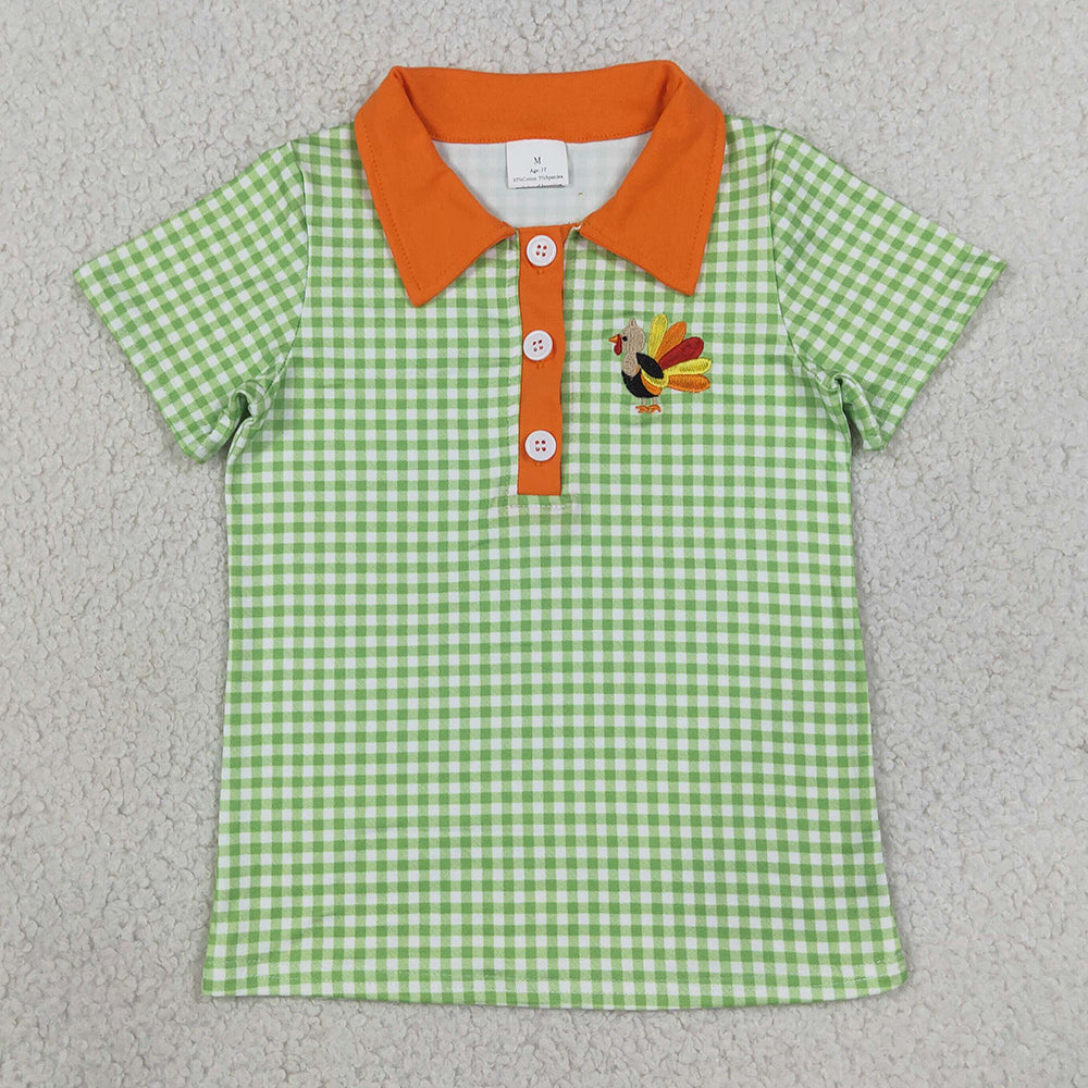 Baby Boys Clothes Embroidery Turkey Green Checked Thanksgivings Polo Button Shirts Top BT1889