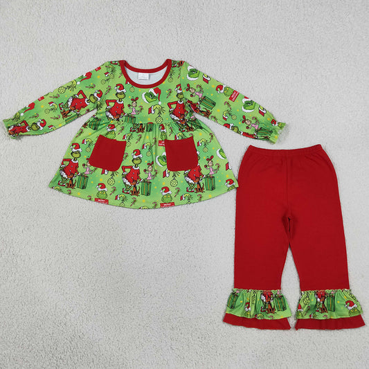 Baby Girls Green Frogs Gifts Pockets Tunic Ruffle Pant Christmas Clothes Sets GLP3459