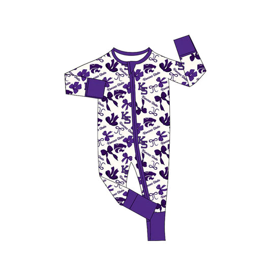 Preorder(moq 5)long sleeves K S purple bows baby team zip romper 8.22