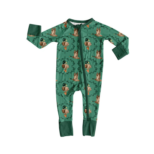 Preorder(moq 5)Baby Infant Mallard Ducks Hunting Green Zipper Footie Rompers 8.8