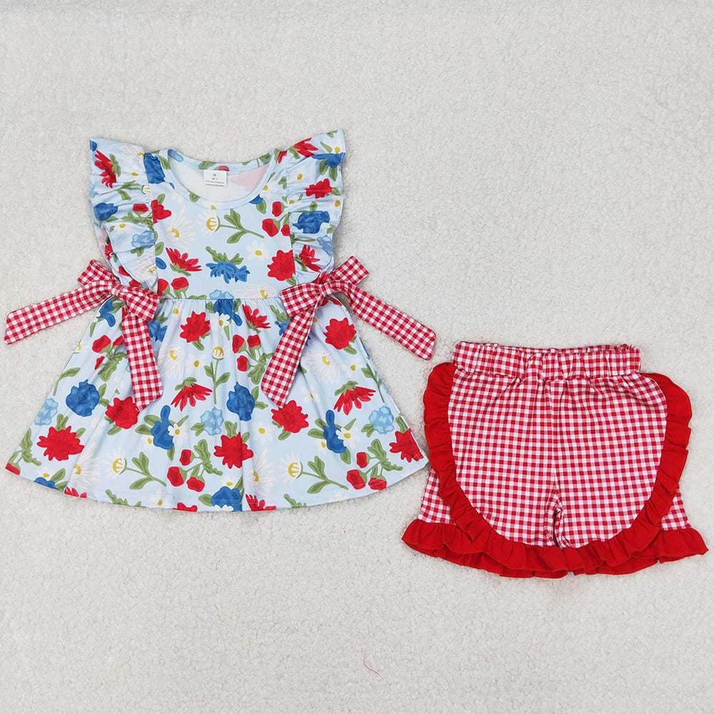 Baby Girls Clothes Flowers Bows Tunic Tops Ruffle Shorts Sets GSSO1930