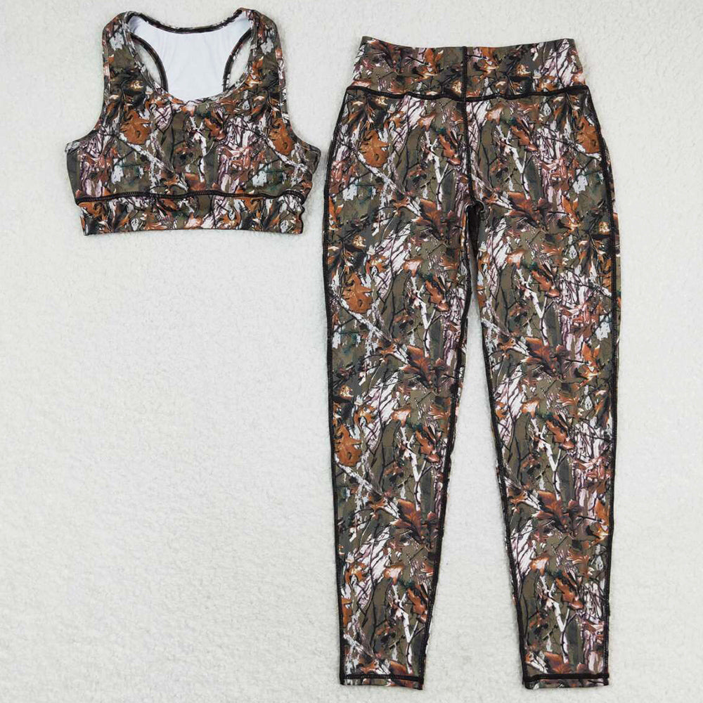 Adult Women Yoga Clothing Camo Leaves Vest Top Pants Yogo Sports Clothes Sets GSPO1460