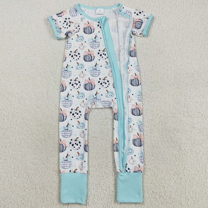 Baby Infant Girls Rompers Blue Short Sleeves Bows Pumpkins Zipper Rompers SR3109 8.13