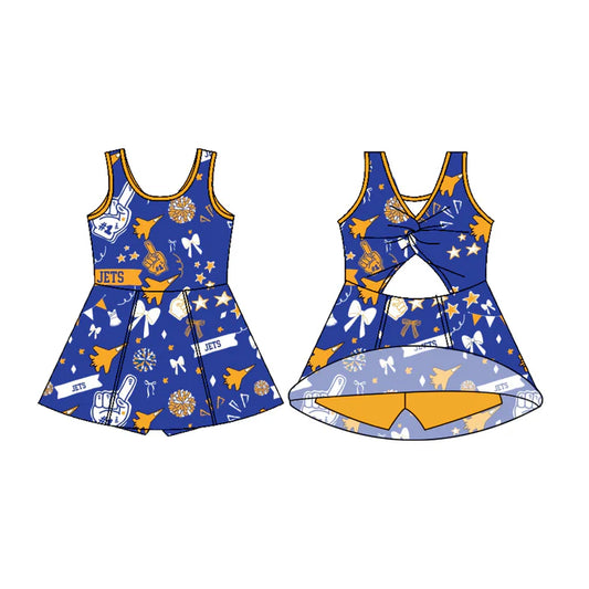 Preorder (moq 5)Baby Girls Sleeveless Blue Jets Football Team Shorts Dresses 7.11