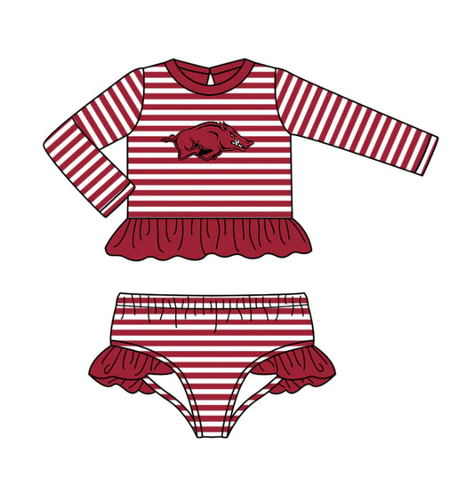 Preorder (moq 5)Baby Girls Red Stripe Red Bulls Ruffle Top Bummies Team 2 Piece Swimsuits 12.25