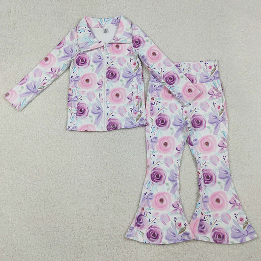Baby Girls Clothes Purple Flowers Bows Zipper Jacket Bell Bottom Pant Yoga Active Clothes Sets GLP2441 10.3