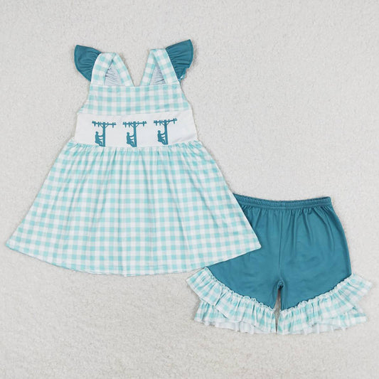 Baby Girls Clothes Green Checkered Line Workers Tunic Top Ruffle Shorts Sibling Clothes Boys Sets GSSO0847