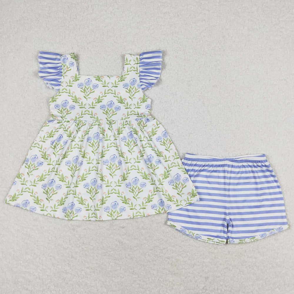 Baby Girls Clothes Green Blue Flowers Flutter Sleeve Tunic Top Shorts Sets GSSO0938