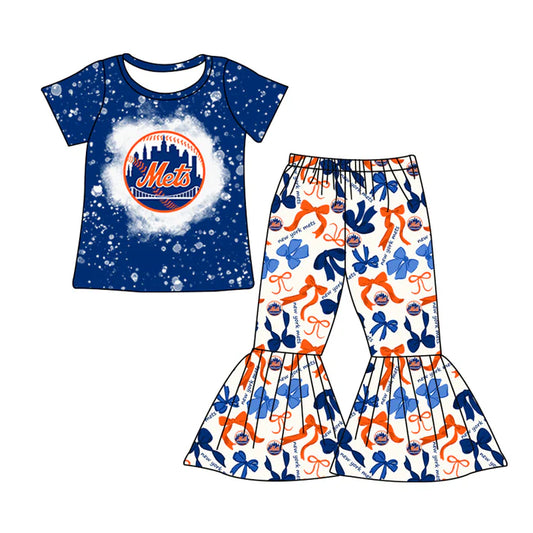 Preorder MOQ 5 Bleached blue top bow pants kids girls team clothes 8.27
