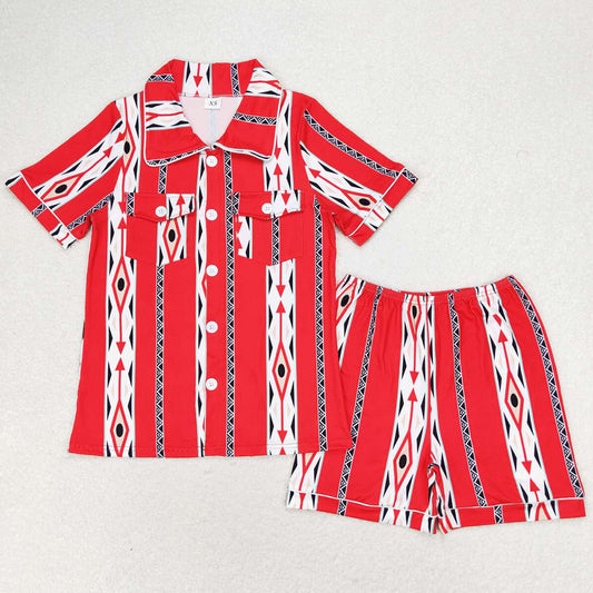 Adult Women Adult Pajamas Red Aztec Short Sleeve Buttons Tee Shorts Pajamas Sets GSSO1283