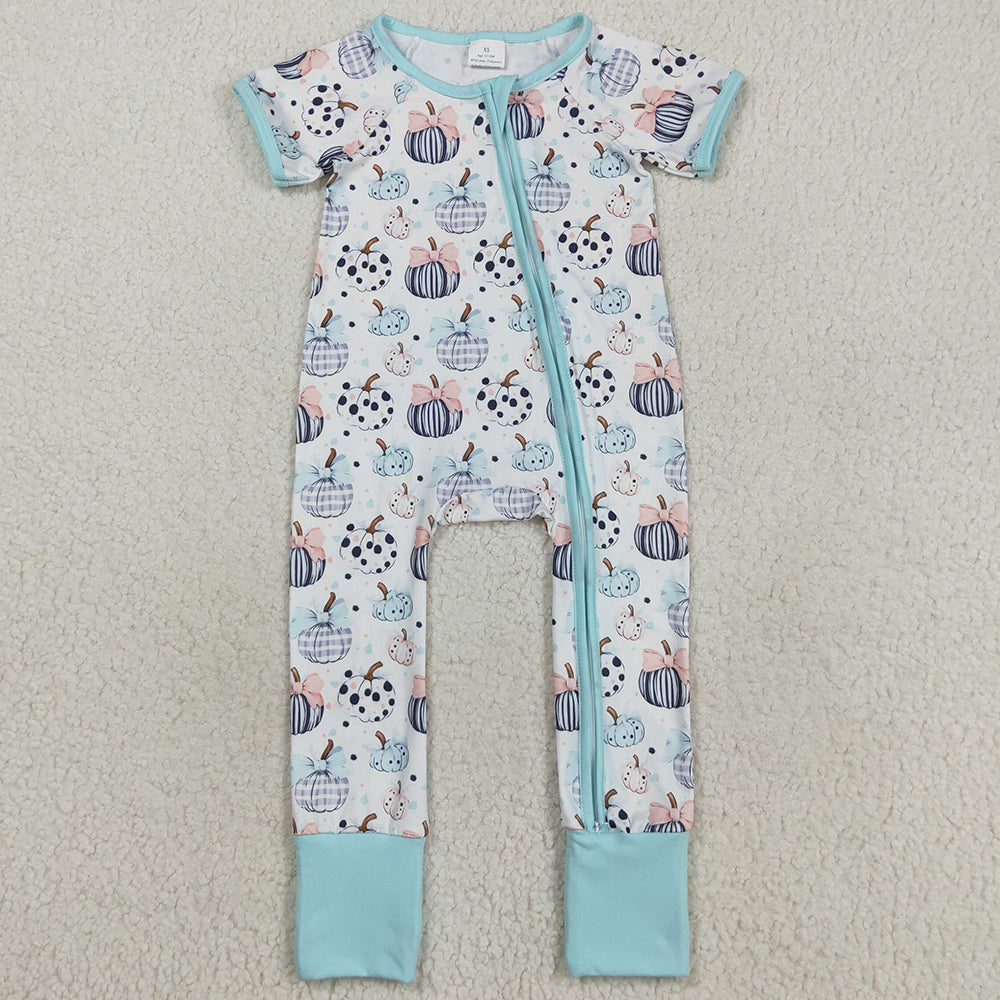 Baby Infant Girls Rompers Blue Short Sleeves Bows Pumpkins Zipper Rompers SR3109 8.13
