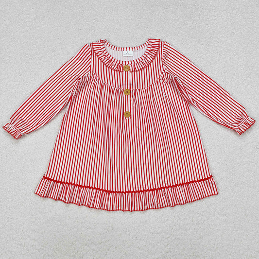 Baby Girls Dress Christmas Red Stripes Buttons Ruffle Gowns Dresses GLD0933