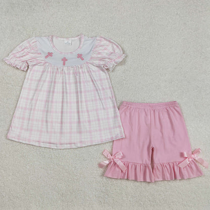 Baby Girls Clothes Pink Checkered Easter Cross Tunic Ruffle Shorts Clothes Sets GSSO1855 BSSO1234 3.7
