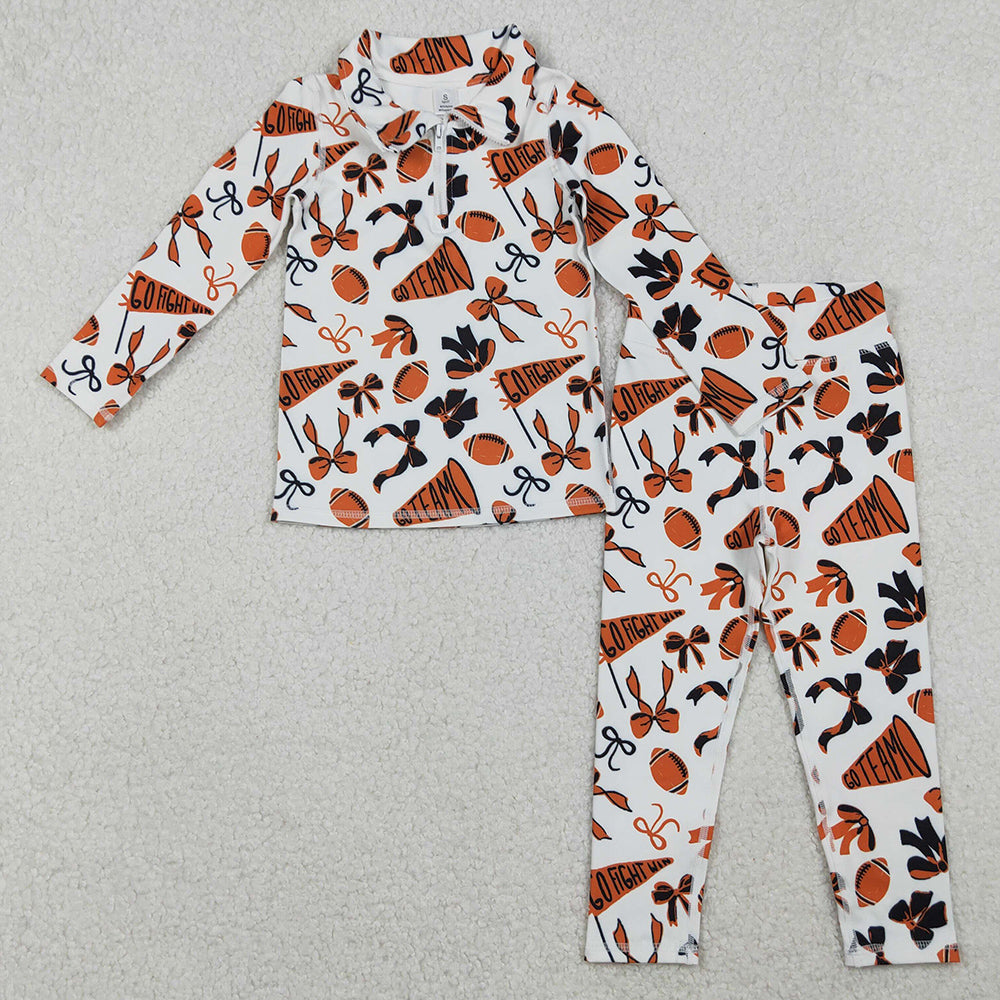 Baby Girls Clothes Orange Bows Footballs Go Teams Pullovers Leggings Yoga Active Clothes Set GLP2760 10.21