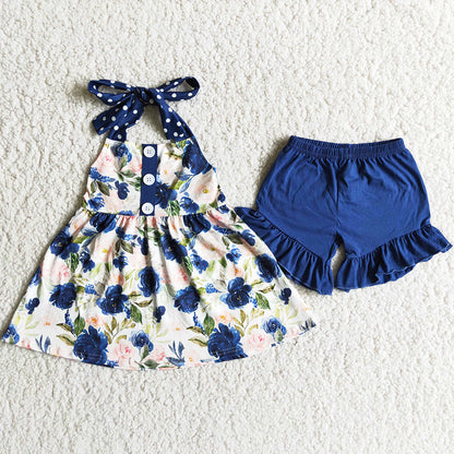 Hot Sale Baby Girls Clothes Flower Printed Summer Girls Clothing Short Sleeve Set D7-19