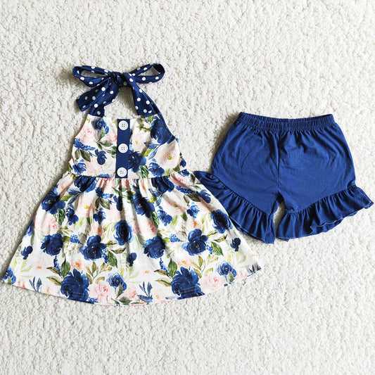 Hot Sale Baby Girls Clothes Flower Printed Summer Girls Clothing Short Sleeve Set D7-19
