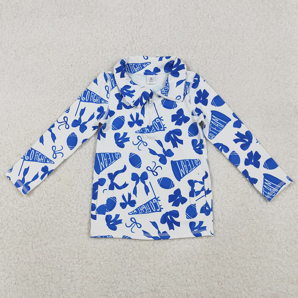 Baby Girls Clothes Blue Bows Footballs Go Team Yoga Active Zipper Pullovers Top GT1195 11.1