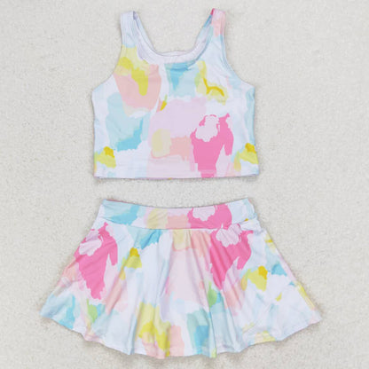 Baby Girls Swimsuits Summer Colorful Tie Dye Top Skirts Active Wear Clothes Sets GSD0991
