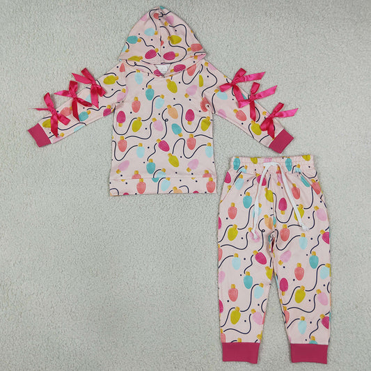 Baby Girls Colorful Lights Bows Hoodie Pockets Jogger Christmas Clothes Set GLP3613